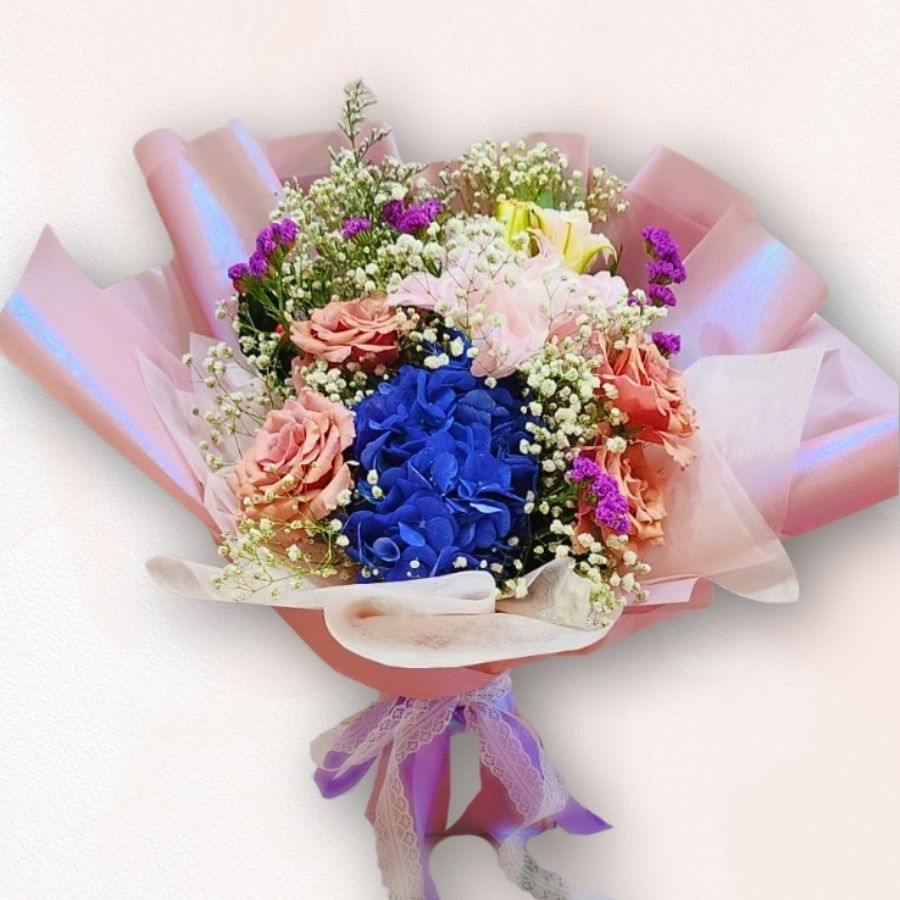 藍繡球玫瑰滿天星花束 Blue Hydrangea Rose Baby’s Breath Bouquet|香港大富貴花店 Rich Garden|情人節 生日 升職 榮休 送花推介