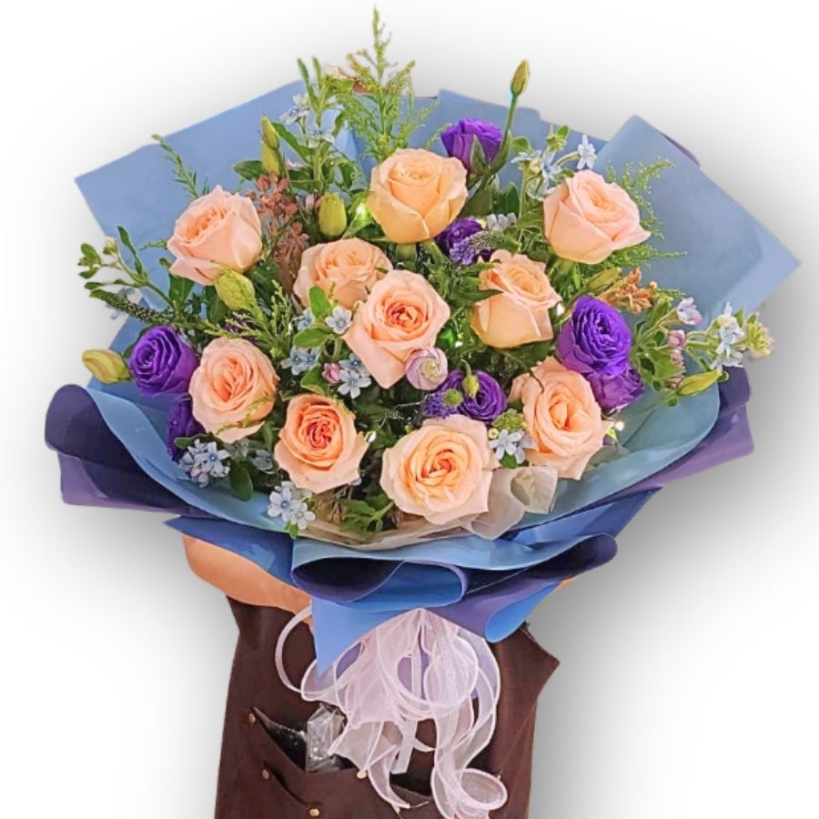 香檳玫瑰紫桔梗花束 F165|Champagne Rose Purple Lisianthus Bouquet|大富貴花店 Rich Garden