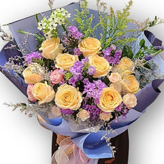 奶油黃玫瑰紫調花束 F153|Cream Yellow Purple Bouquet|大富貴花園 Rich Garden