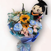 畢業花束 F072|向日葵藍玫瑰搭配畢業公仔|大富貴花店 Rich Garden