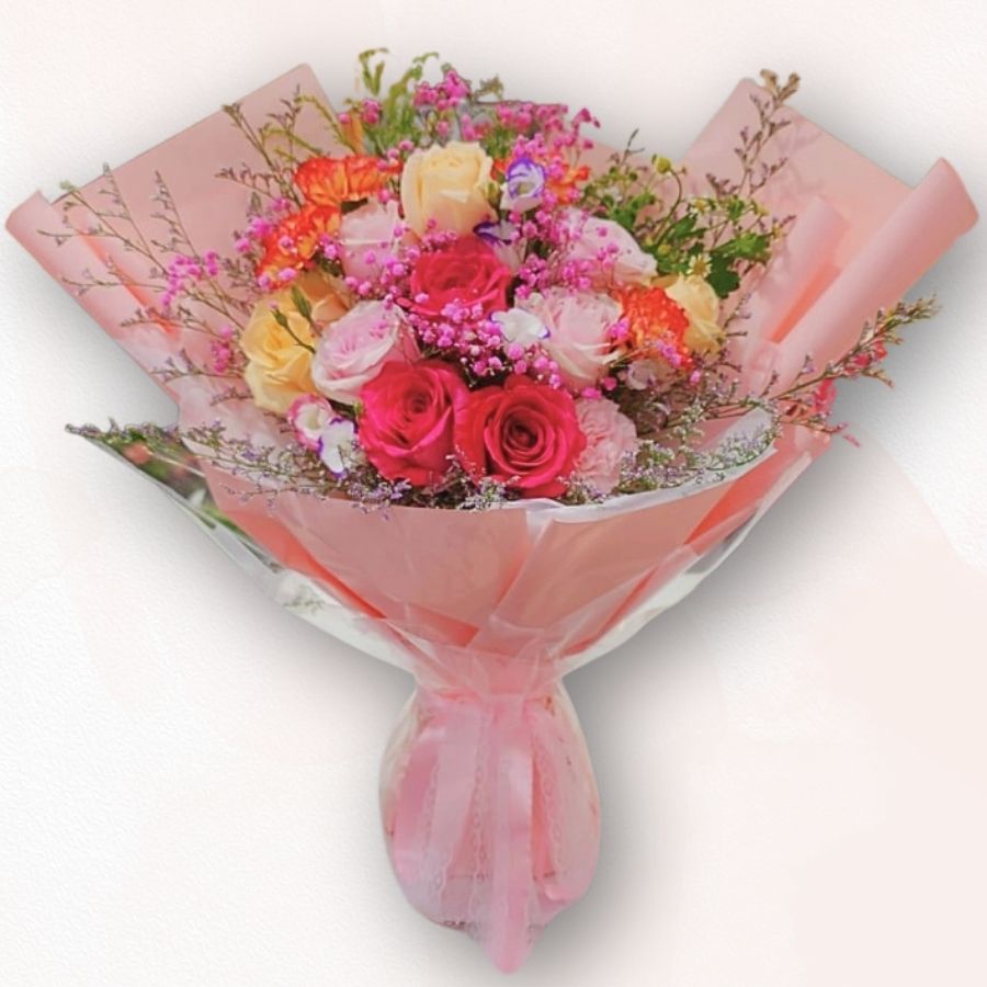 熱情粉橙玫瑰花束 F096|Hot Pink Peach Rose Bouquet|大富貴花店 Rich Garden