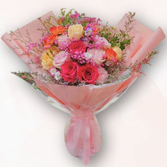 熱情粉橙玫瑰花束 F096|Hot Pink Peach Rose Bouquet|大富貴花店 Rich Garden