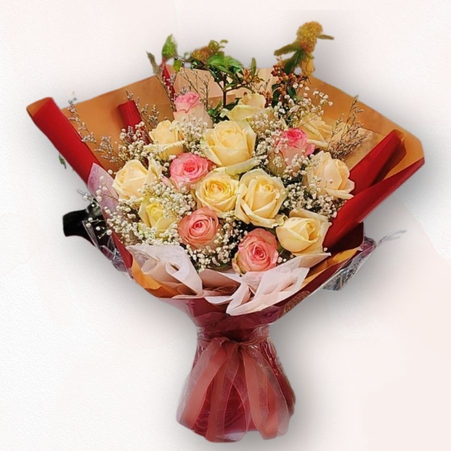 淡黃粉紅玫瑰混色花束 F048|Light Yellow & Pink Rose Bouquet|大富貴花店 Rich Garden