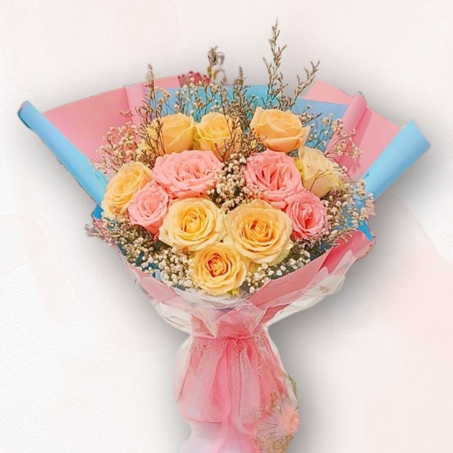 粉橙玫瑰花束 Orange & Pink Rose Bouquet F038|生日送花推薦|大富貴花店 Rich Garden