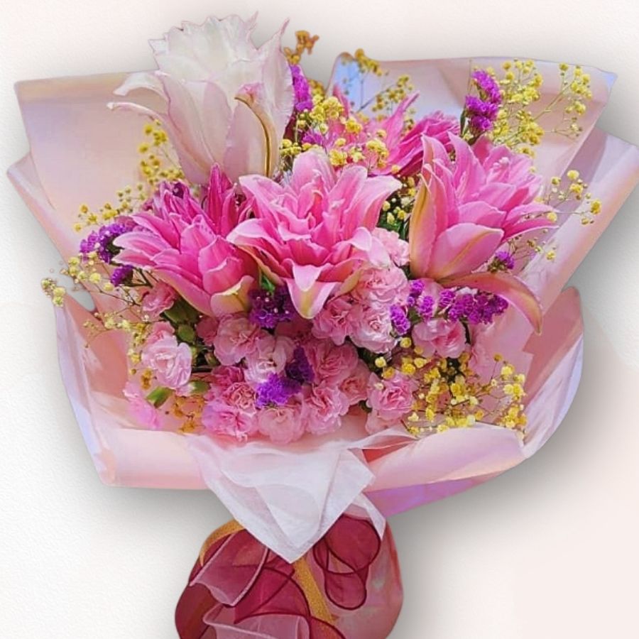 粉紅百合迷你玫瑰花束 F143|Pink Lily & Rose Bouquet|大富貴花店 Rich Garden