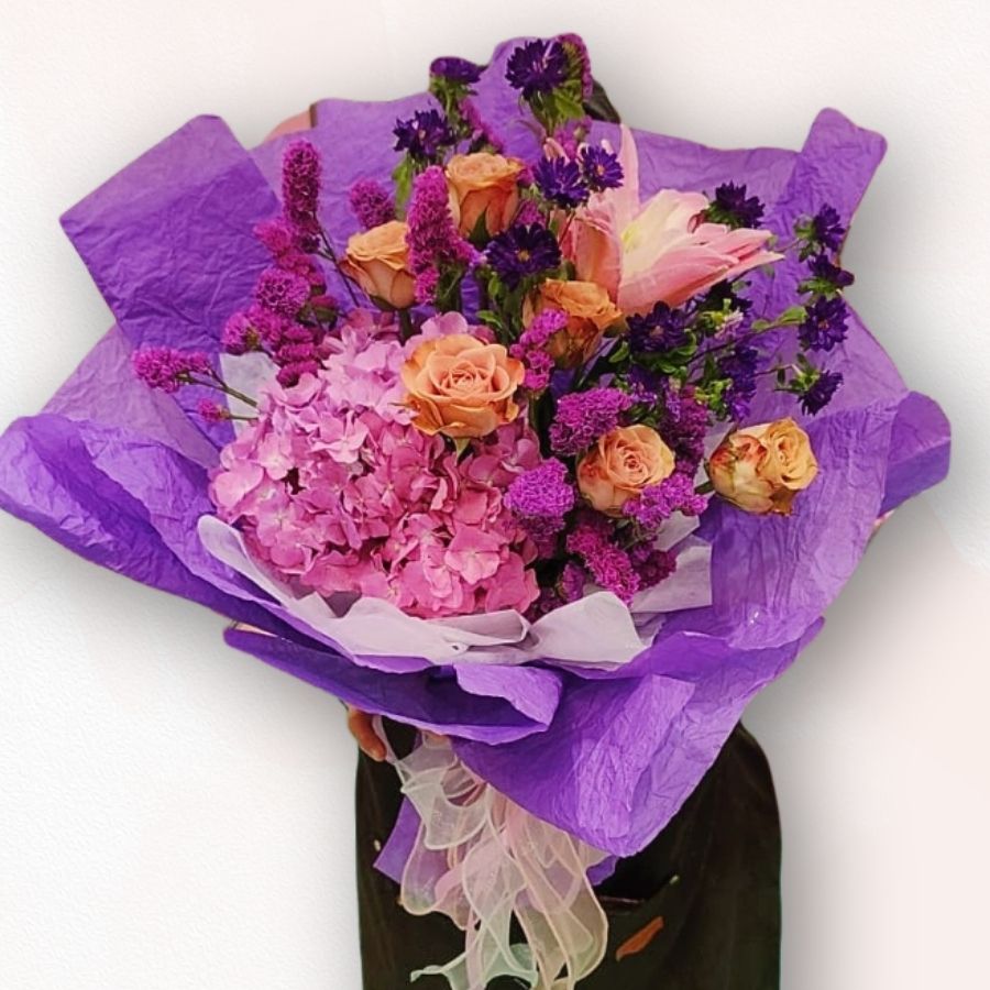 粉紫繡球玫瑰百合花束 F108|Pink Purple Hydrangea Rose Lily Bouquet|大富貴花店 Rich Garden