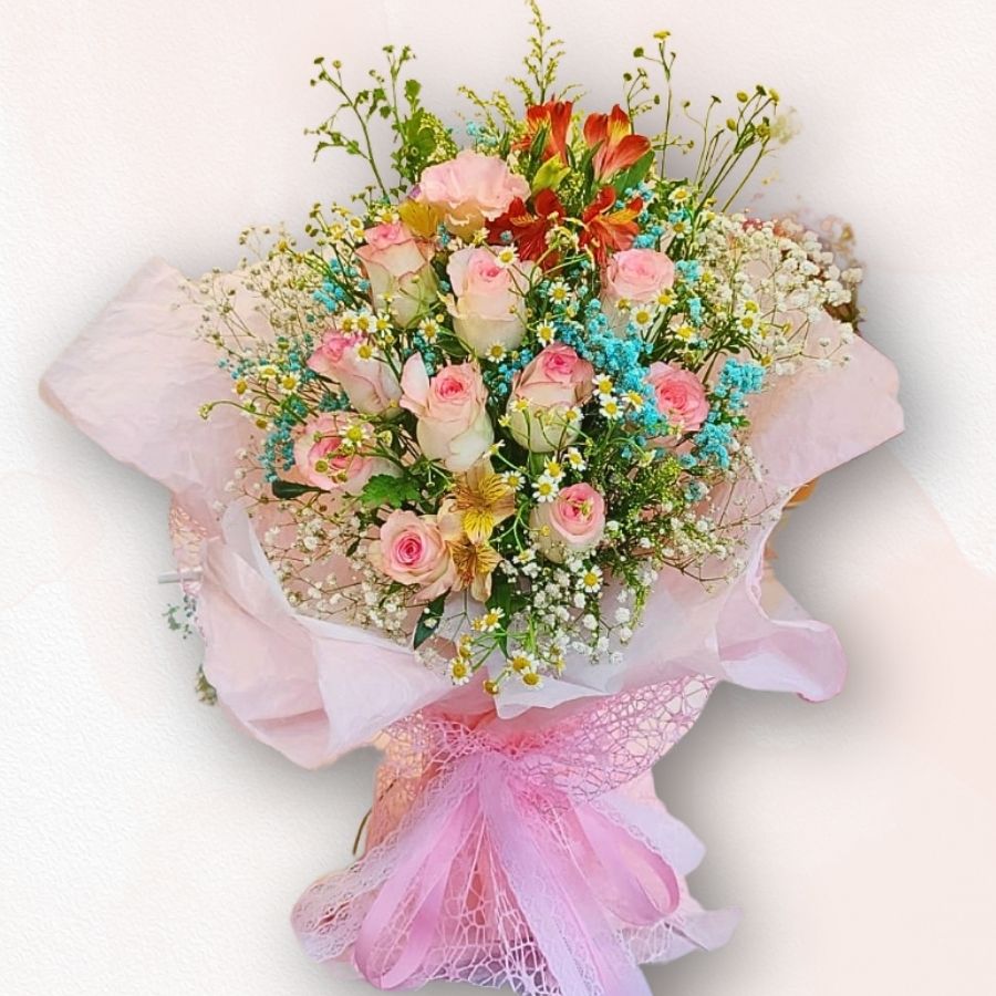 粉紅玫瑰滿天星花束 Pink Rose Baby’s Breath Bouquet F030|大富貴花店 Rich Garden