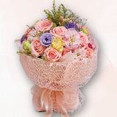 粉紅玫瑰桔梗康乃馨花束 Pink Rose Lisianthus Carnation Bouquet,溫柔配色,適合情人節、母親節、生日或探病慰問送花之選|香港大富貴花店 Rich Garden