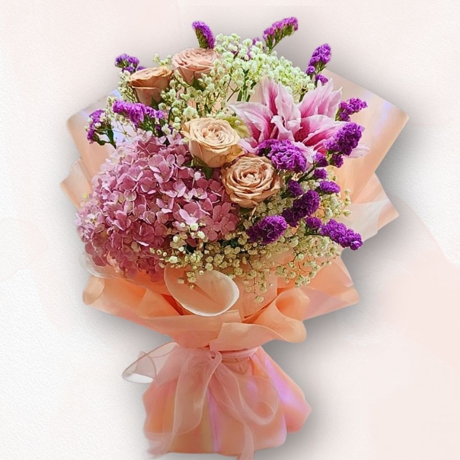 粉紫繡球香檳玫瑰花束 Purple Hydrangea Champagne Rose Bouquet,優雅圓滿送花之選|香港大富貴花店 Rich Garden