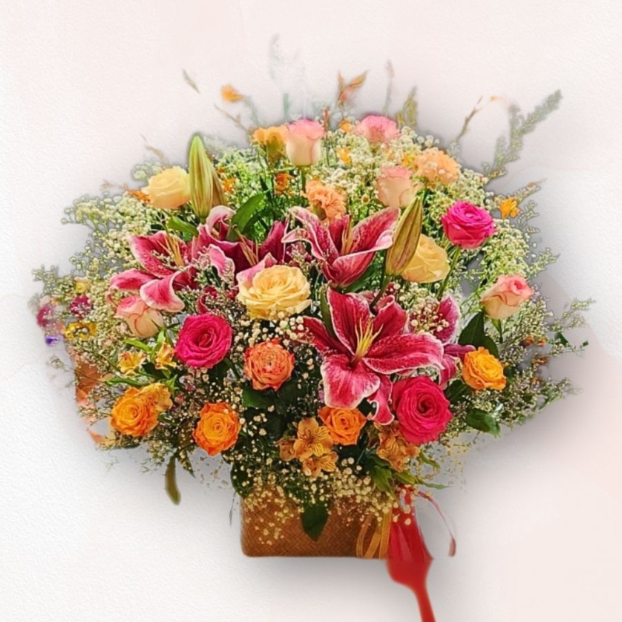 紅百合玫瑰混色祝賀開張花籃 Red Lily Mixed Rose Flower Basket TB001|大富貴花店 Rich Garden