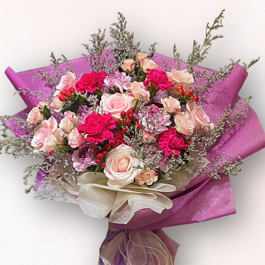 紅粉玫瑰康乃馨花束 F124|Rosy Carnation Bouquet|大富貴花店 Rich Garden