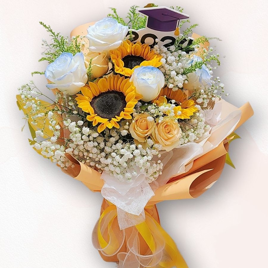 向日葵香檳玫瑰混色花束 F092|畢業花束設計|Rich Garden 大富貴花店