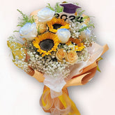 向日葵香檳玫瑰混色花束 F092|畢業花束設計|Rich Garden 大富貴花店