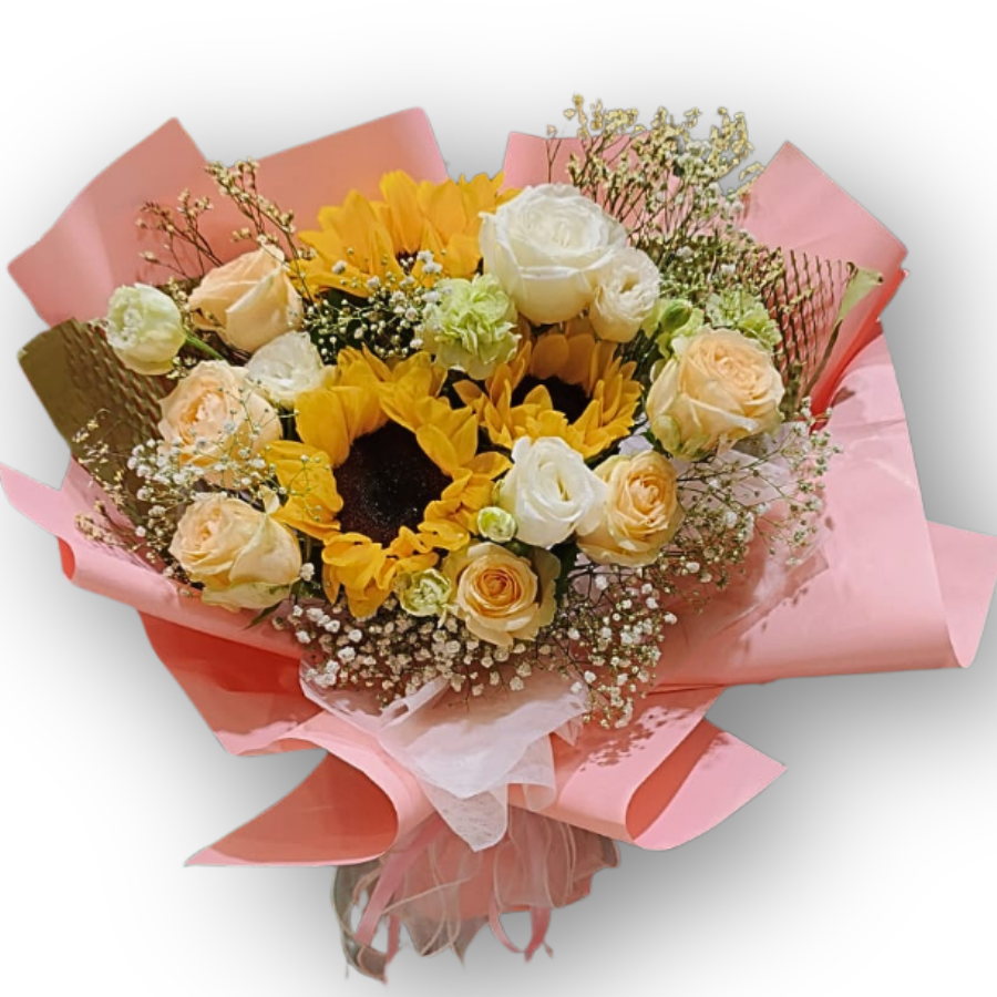 向日葵香檳玫瑰花束 F164|Sunflower Champagne Rose Bouquet|大富貴花店 Rich Garden