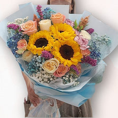 向日葵與香檳獅蝕花束 F116|Sunflower Peach Rose Bouquet|大富貴花店 Rich Garden