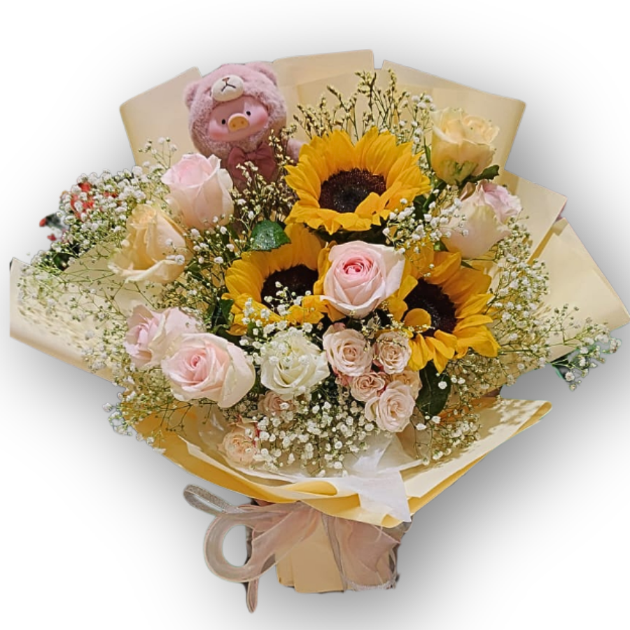 向日葵粉玫瑰熊仔花束 F163|Sunflower Pink Rose Teddy Bouquet|大富貴花店 Rich Garden