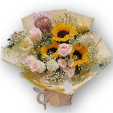 向日葵粉玫瑰熊仔花束 F163|Sunflower Pink Rose Teddy Bouquet|大富貴花店 Rich Garden