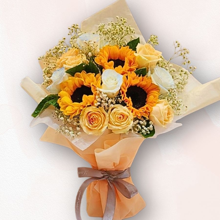 向日葵玫瑰滿天星花束 Sunflower Rose Baby’s Breath Bouquet,充滿陽光氣息與祝福寓意|香港大富貴花店 Rich Garden