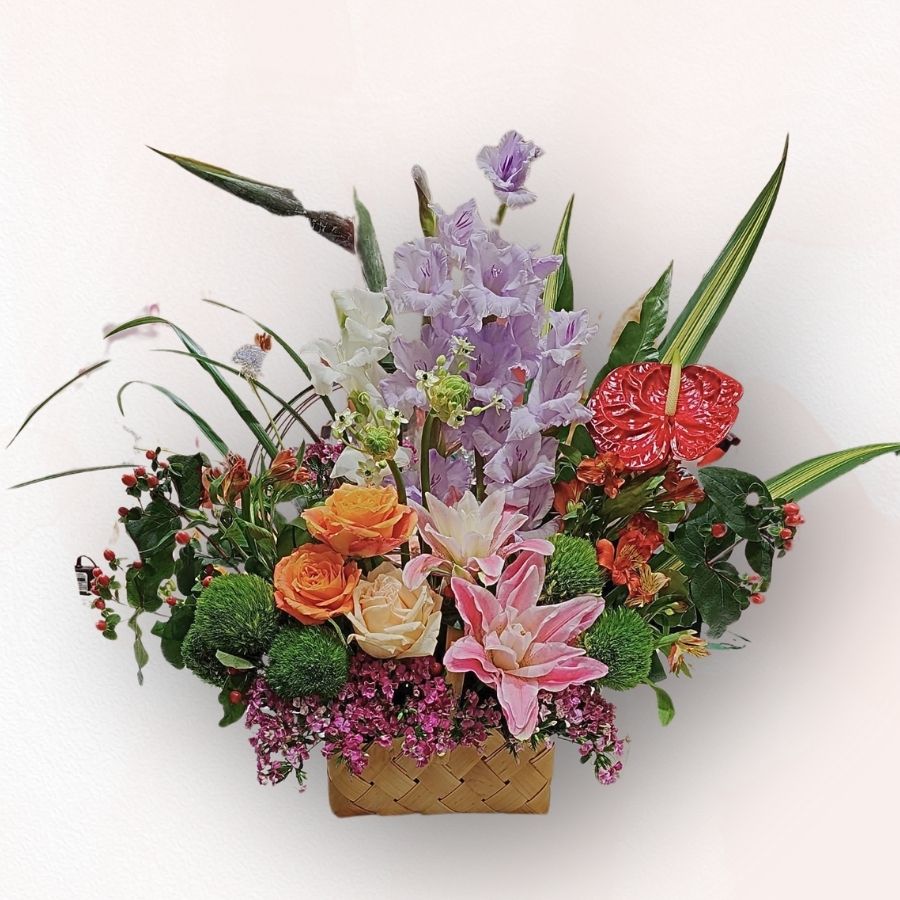 商務開張花籃 TB004｜混色百合玫瑰花籃｜大富貴花店 Rich Garden
