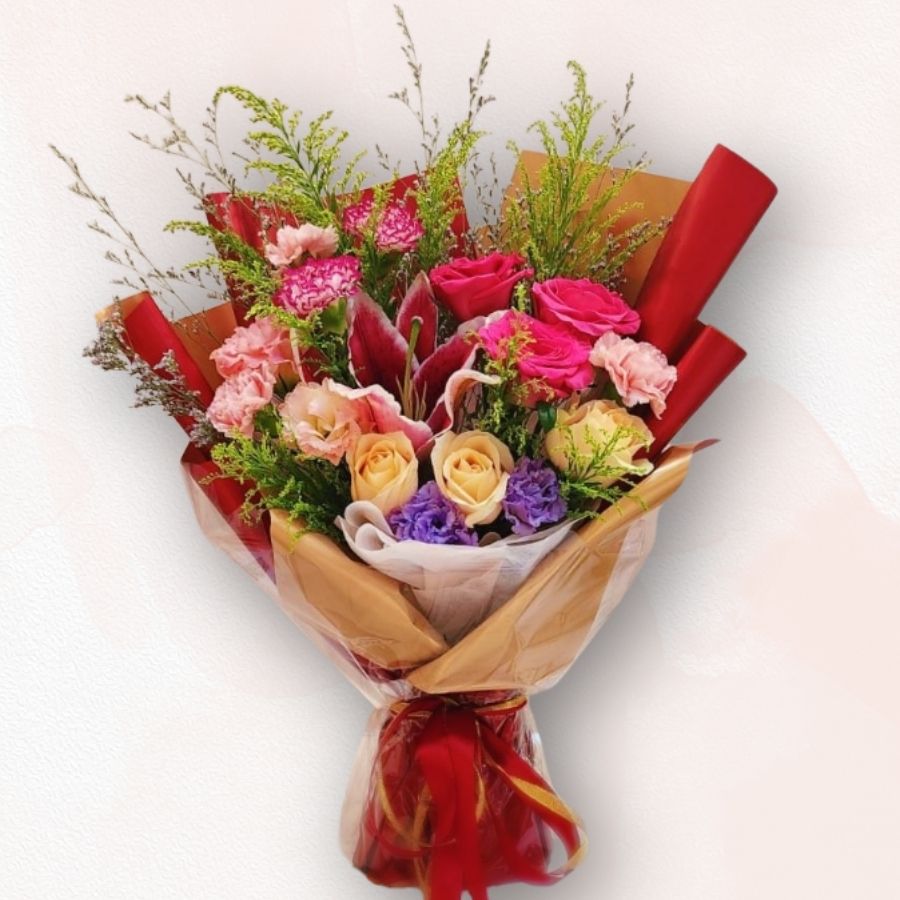繽紛玫瑰桔梗康乃馨花束 Colorful Rose Lisianthus Carnation Bouquet，色彩多變溫暖，適合生日、祝賀開張、升職送禮之選｜香港大富貴花店 Rich Garden