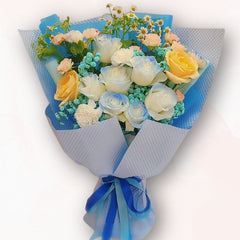 清新白藍黃玫瑰花束 F065｜White Blue Yellow Rose Bouquet｜大富貴花店 Rich Garden
