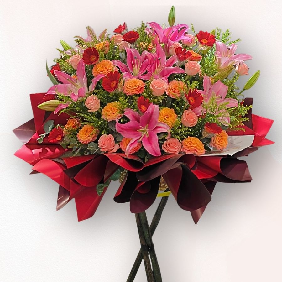 粉紅百合 × 橙康乃馨祝賀花牌 B018｜Rich Garden 大富貴花店
