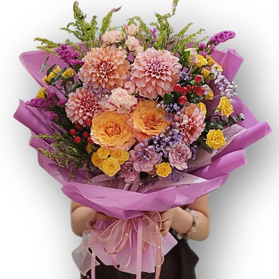 橙粉大理花混色花束 F169｜Orange Dahlia Mixed Flower Bouquet｜大富貴花店 Rich Garden

