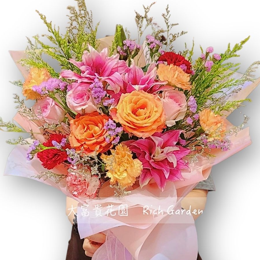 熱情橙玫瑰百合花束 F151｜Orange Pink Celebration Bouquet｜大富貴花店 Rich Garden
