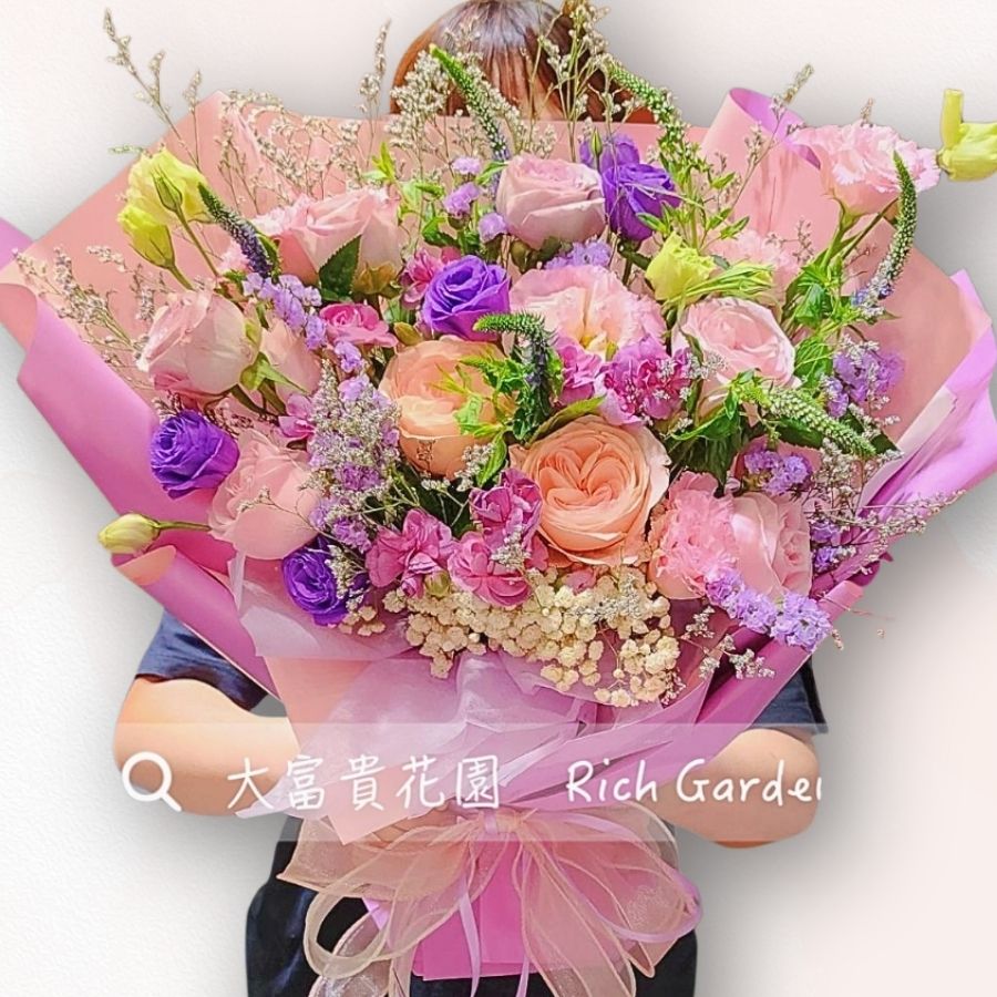 柔粉紫玫瑰花束 F146｜Peach Lavender Rose Bouquet｜大富貴花店 Rich Garden

