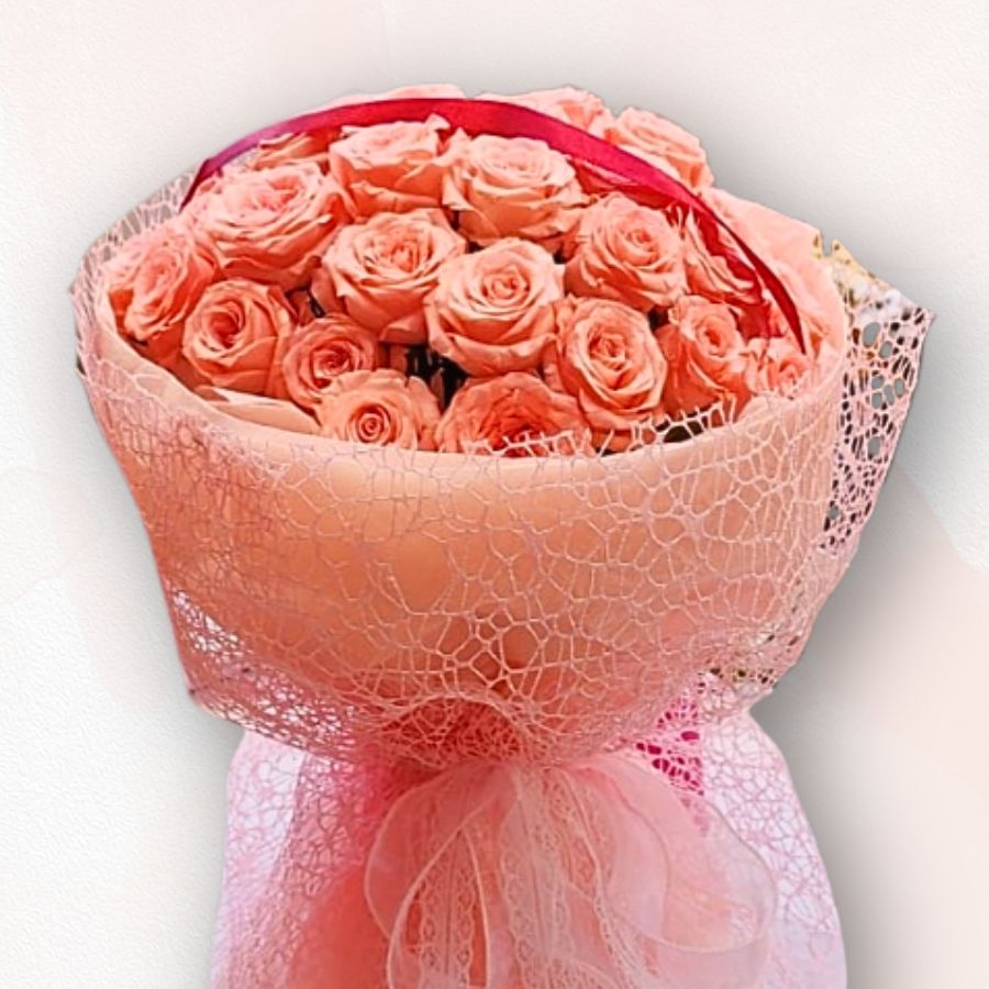 粉橙玫瑰花束 Peach Pink Rose Bouquet，柔美浪漫之選｜香港大富貴花店 Rich Garden