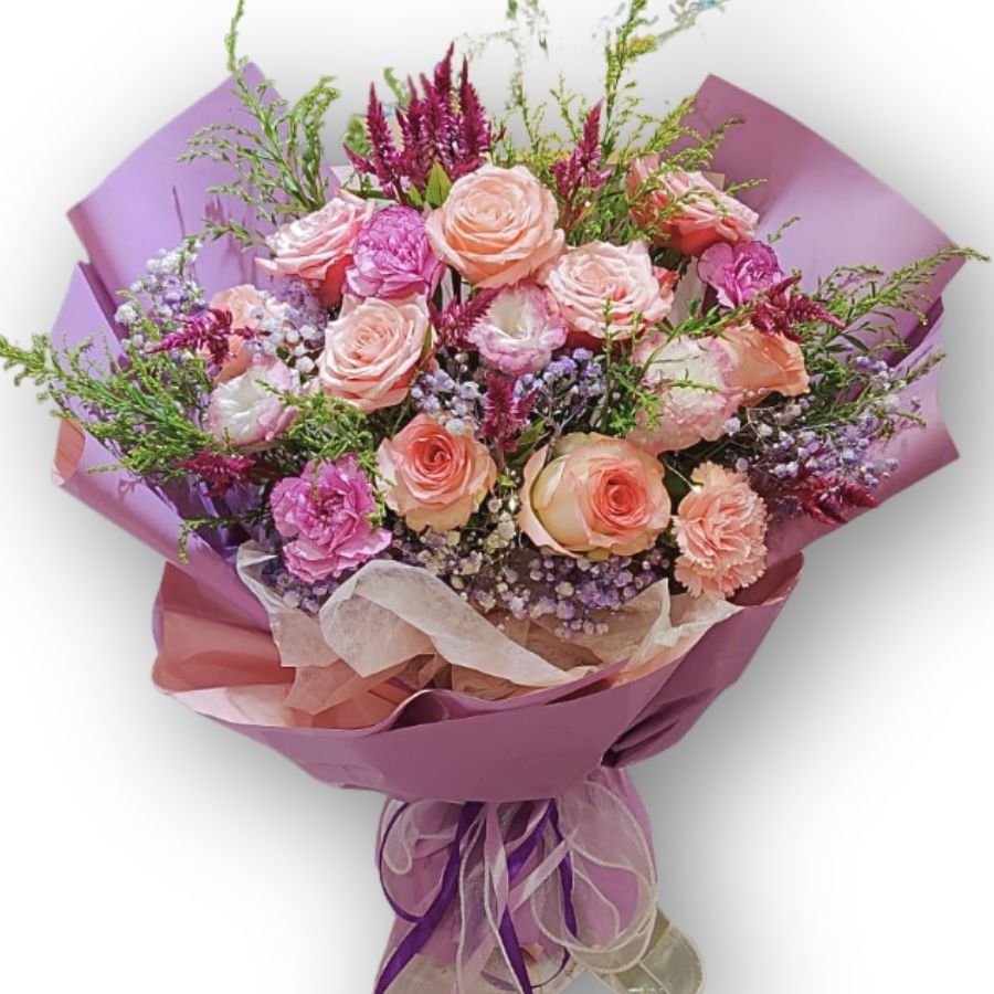 粉橙玫瑰紫鳳尾草花束 F168｜Peach Rose Purple Celosia Bouquet｜大富貴花店 Rich Garden
