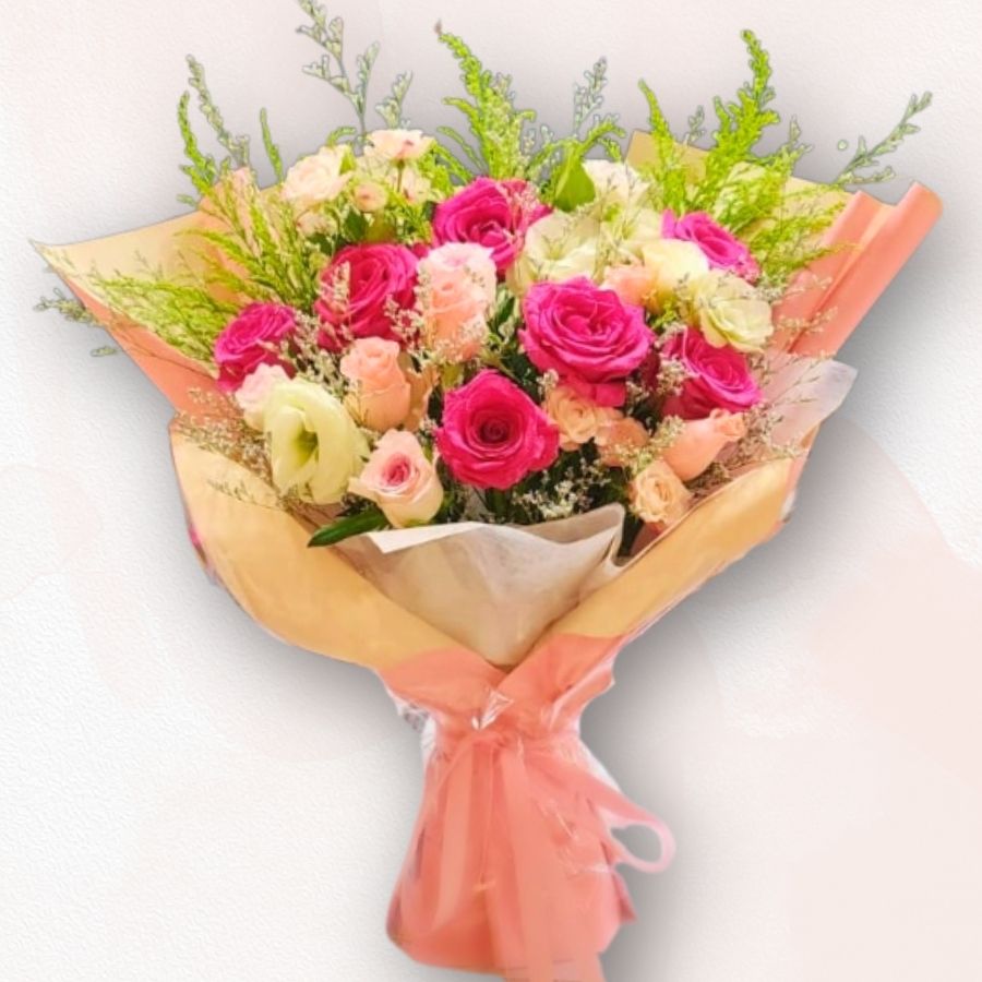 粉紅香檳玫瑰花束 Pink & Champagne Mixed Rose Bouquet F036｜大富貴花店 Rich Garden