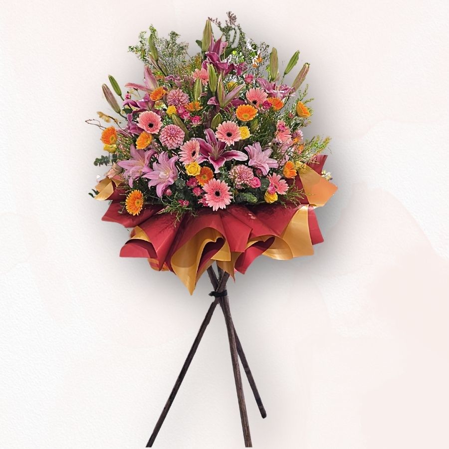 粉紅百合非洲菊開張花籃 B023｜Pink Lily Gerbera Grand Opening Stand｜大富貴花店 Rich Garden