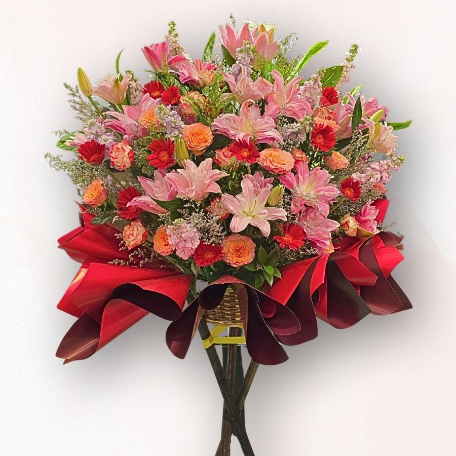 粉紅重瓣百合開張花籃 B025｜Pink Lily Grand Opening Flower Stand｜大富貴花店 Rich Garden