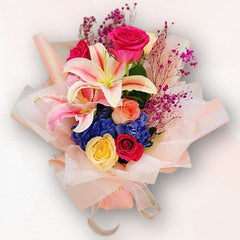 粉紅百合繡球玫瑰花束 Pink Lily Hydrangea Rose Bouquet，溫柔高雅的送花之選｜香港大富貴花店 Rich Garden