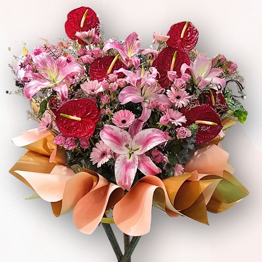 粉紅百合火鶮祝賀花牌 B014｜Pink Lily & Red Anthurium Flower Stand｜大富貴花店 Rich Garden
