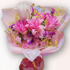 粉紅百合迷你玫瑰花束 F143｜Pink Lily & Rose Bouquet｜大富貴花店 Rich Garden

