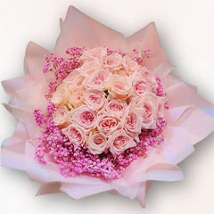 粉紅玫瑰滿天星花束 F107｜Pink Rose Baby’s Breath Bouquet｜大富貴花店 Rich Garden
