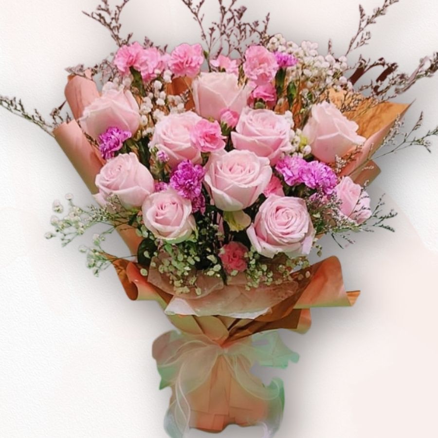 粉紅玫瑰康乃馨花束 F098｜Pink Rose & Carnation Bouquet｜大富貴花店 Rich Garden
