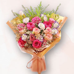 玫瑰洋桔梗滿天星花束 Pink Rose Eustoma Baby’s Breath Bouquet F034｜大富貴花店 Rich Garden