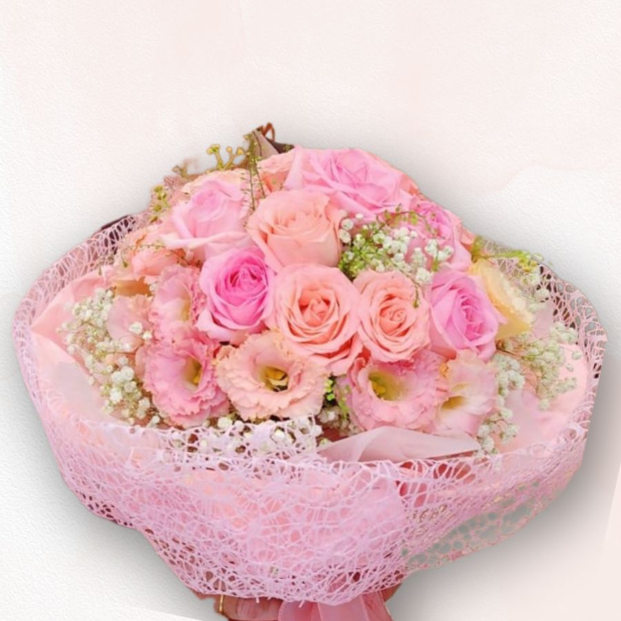 粉紅玫瑰花束 Pink Rose Bouquet，柔和粉嫩色調，適合情人節、母親節、生日送禮｜香港大富貴花店 Rich Garden

