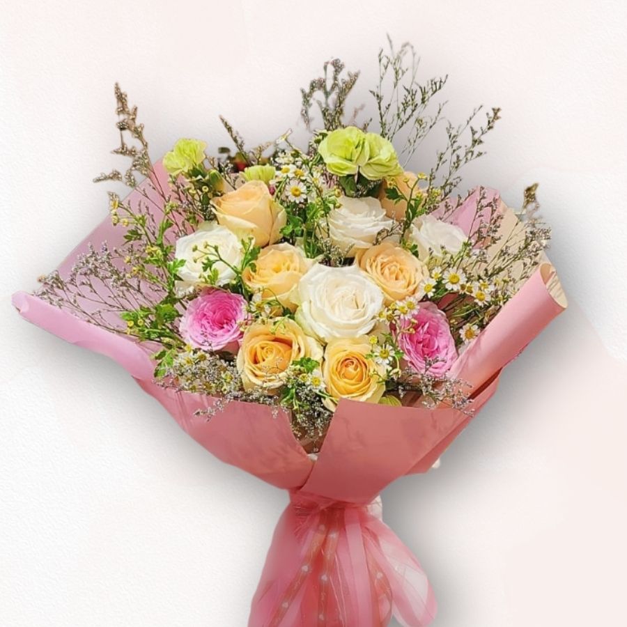 粉黃玫瑰混色花束 F044｜Pink & Yellow Rose Bouquet｜大富貴花店 Rich Garden

