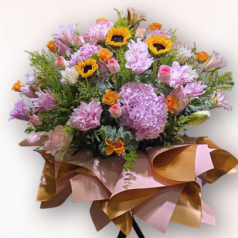 粉紫繡球向日葵花牌 B028｜Purple Hydrangea Sunflower Opening Stand｜大富貴花店 Rich Garden
