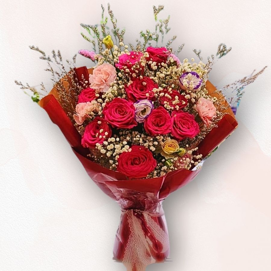紅玫瑰滿天星花束 Red Rose Baby’s Breath 紅玫瑰香檳玫瑰花束 Red & Champagne Rose Bouquet  F031 ｜ 大富貴花店 Rich Garden
