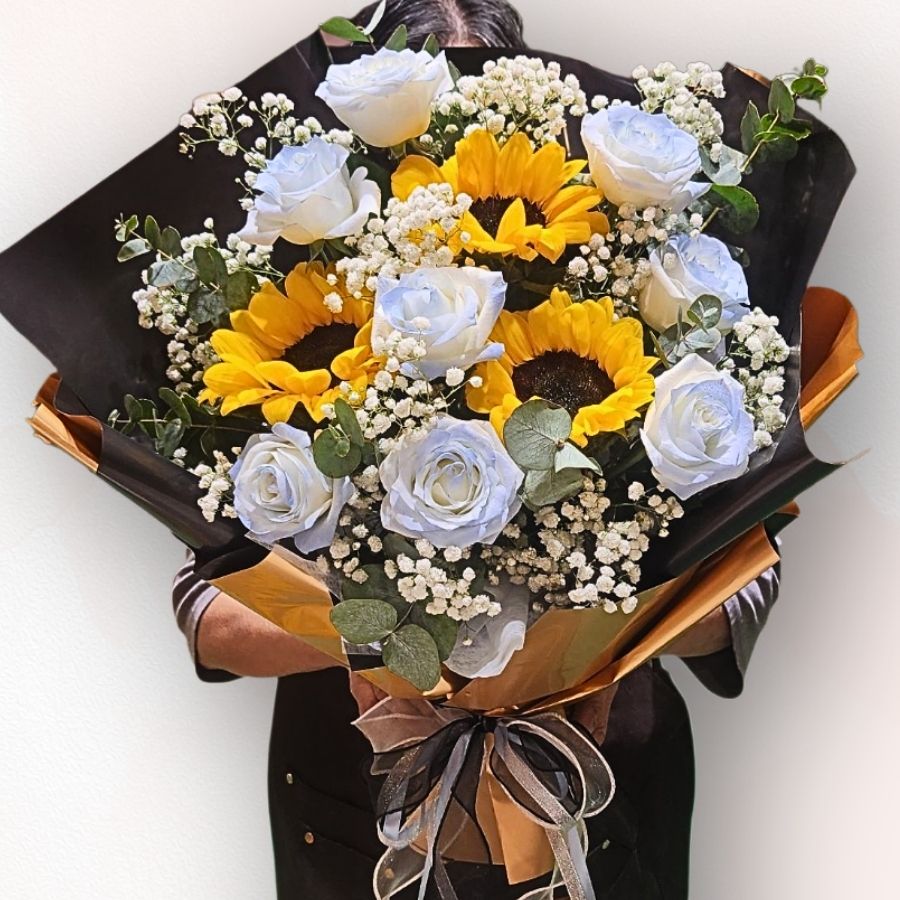 向日葵藍玫瑰花束 F076｜Sunflower Blue Rose Bouquet｜大富貴花店 Rich Garden
