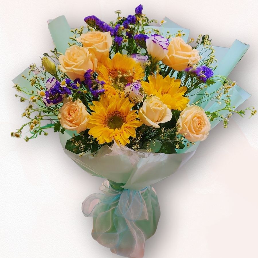 向日葵香檳玫瑰花束 F103｜Sunflower & Champagne Rose Bouquet｜大富貴花店 Rich Garden
