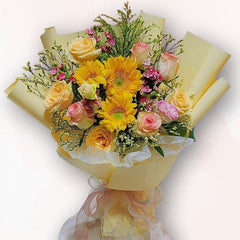 向日葵香檳玫瑰花束 F104｜Sunflower Champagne Rose Bouquet｜大富貴花店 Rich Garden
