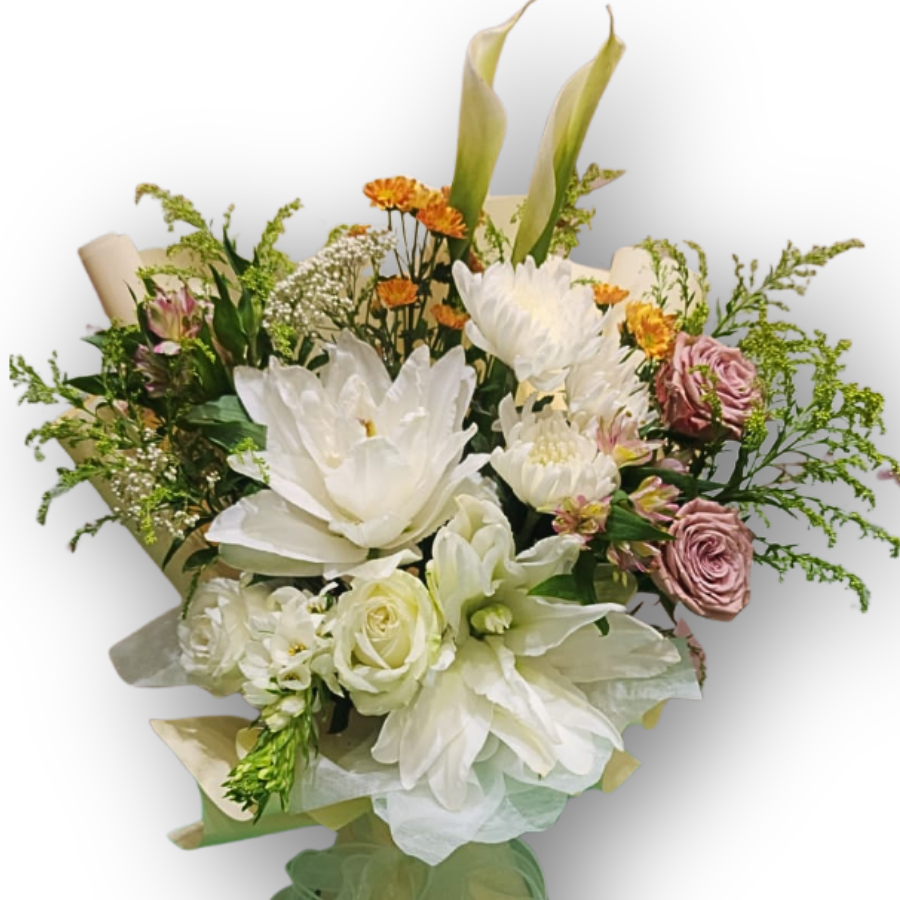 白玫瑰百合沉靜追思花束 F155｜White Rose Lily Sympathy Bouquet｜大富貴花園 Rich Garden