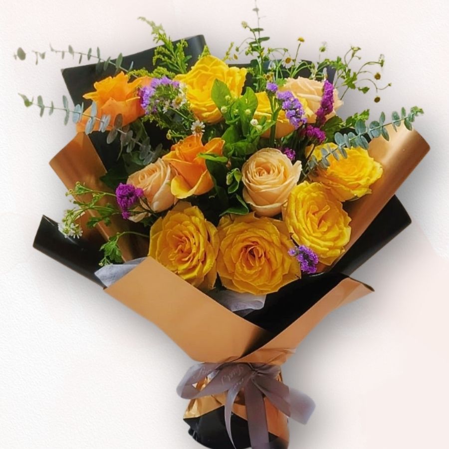 黃橙玫瑰混色花束 F066｜Yellow-Orange Mixed Rose Bouquet｜大富貴花店 Rich Garden
